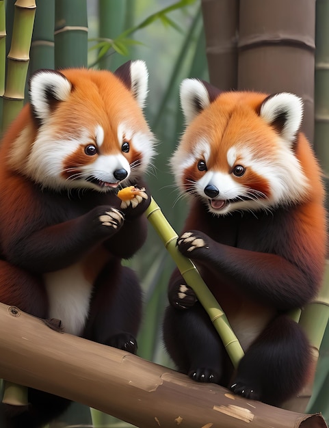 Pandas vermelhos bonitos compartilhando lanche de bambu