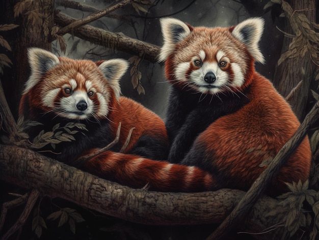 Pandas vermelhos em uma pintura de árvore por gaivota g