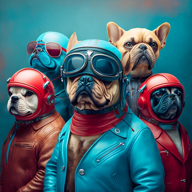 Pandilla de motociclistas de perros vestidos con monos de látex retro rojo y azul