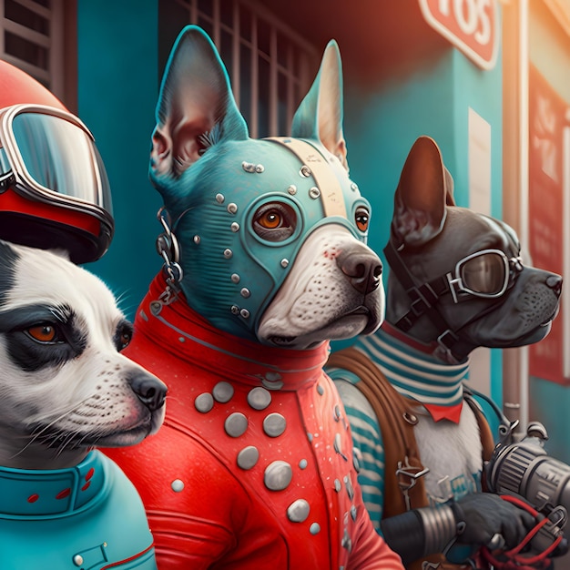 Pandilla de motociclistas de perros vestidos con monos de látex retro rojo y azul