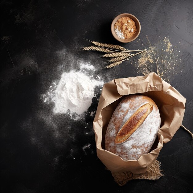 Panecillo rústico o baguette francesa trigo y harina en pizarra negra Cocina rural o fondo de panadería con espacio de texto libre