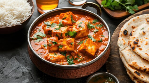 Foto paneer butter masala o cheese cottage curry en un tazón o sartén servido con o sin roti y arroz