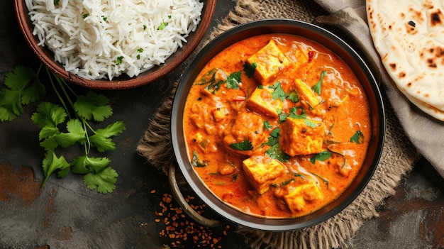 Paneer Butter Masala oder Cheese Cottage Curry in einer Schüssel oder Pfanne mit oder ohne Roti und Reis