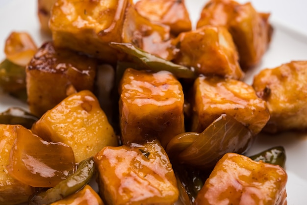 Paneer de chile o requesón picante, servido en un plato blanco con pimiento y cebolla, menú de entrada indio favorito, enfoque selectivo