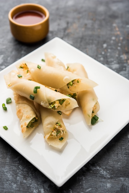 Paneer Chili Zigarre sind mit Paneer gefüllte knusprige Brötchen, die eine interessante Vorspeise für jede Party sind. serviert mit Tomatenketchup. selektiver Fokus