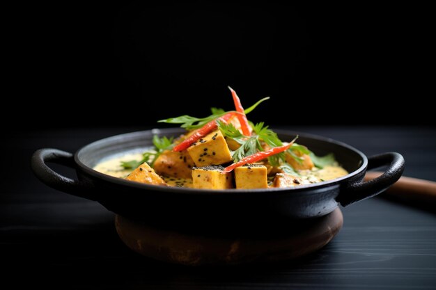 Paneer-Curry mit Jeera-Reis in einer schwarzen Schüssel