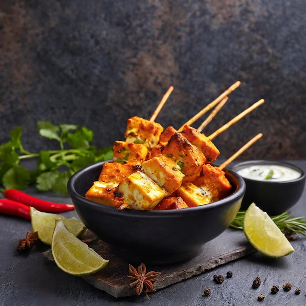 Paneer tikka es un plato de la cocina india con queso paneer a la parrilla con verduras y especias comida india