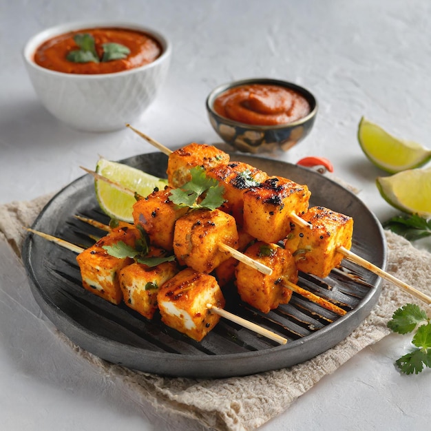 Paneer tikka es un plato de la cocina india con queso paneer a la parrilla con verduras y especias comida india