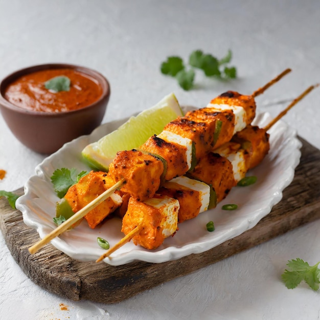 Paneer tikka es un plato de la cocina india con queso paneer a la parrilla con verduras y especias comida india