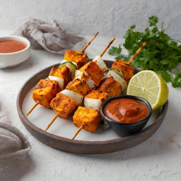 Paneer tikka es un plato de la cocina india con queso paneer a la parrilla con verduras y especias comida india