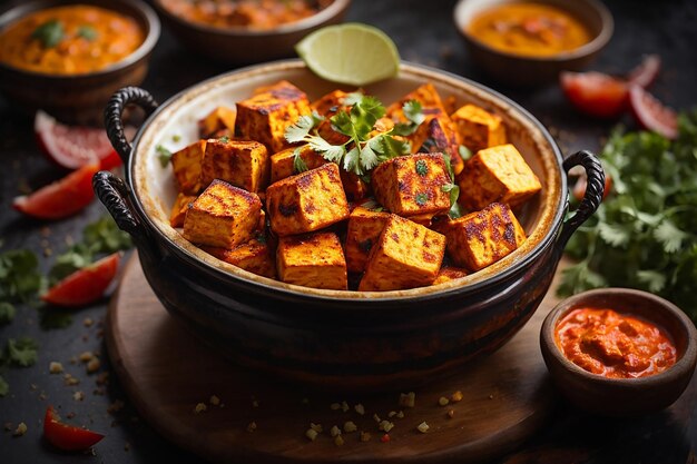 paneer tikka es un plato indio elaborado con trozos de requesón marinados en especias y