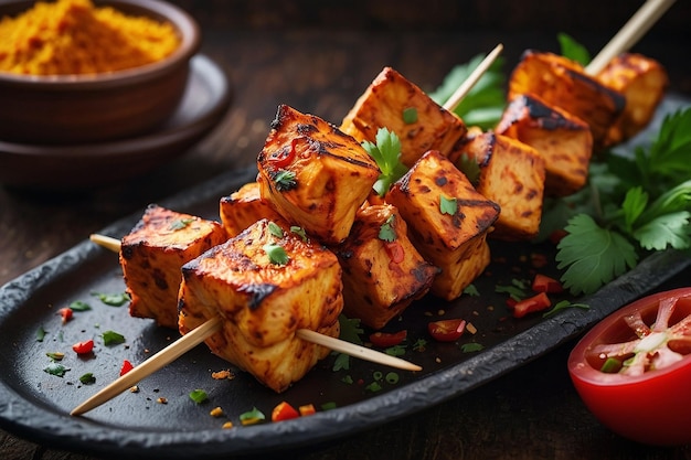 Paneer tikka salchichas servidas con una salpicadura de triturado