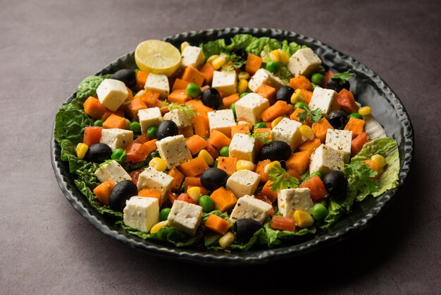 Paneer Vegetable Salad Recipe es un alimento dietético bajo en carbohidratos de la India que utiliza cubos de requesón con verduras verdes