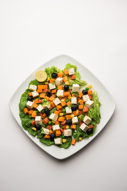 Paneer Vegetable Salad Recipe es un alimento dietético bajo en carbohidratos de la India que utiliza cubos de requesón con verduras verdes