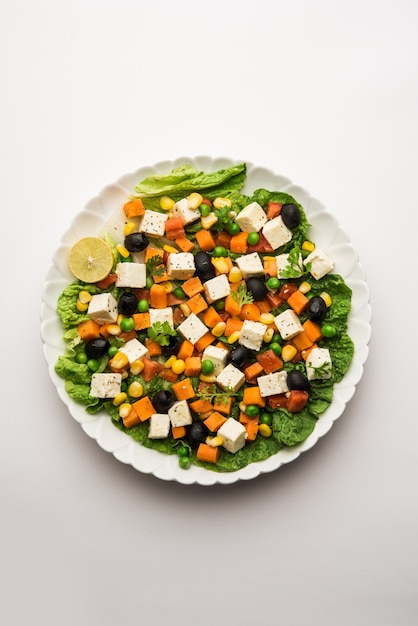 Paneer Vegetable Salad Recipe es un alimento dietético bajo en carbohidratos de la India que utiliza cubos de requesón con verduras verdes