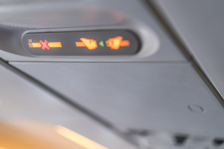 Panel de consola de avión de primer plano; lámpara, luz, necesita botón de ayuda, aire acondicionado, cinturón de seguridad y señal de no fumar.