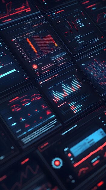 Panel de control de análisis de datos futuristas con gráficos, gráficos y elementos de interfaz