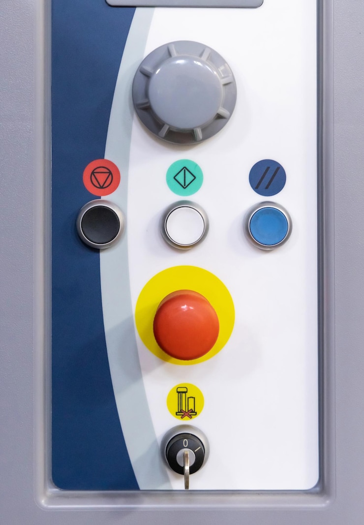 Foto panel de control gris con botones e interruptores para el funcionamiento de la máquina en producción