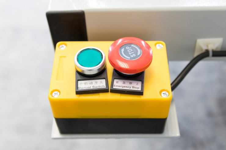 Foto panel de control de máquina para arranque y parada de trabajo en fábrica industrial.