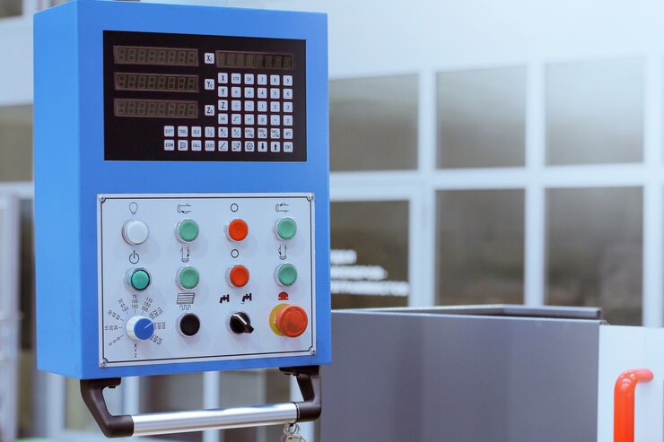 Foto panel de control de la máquina cnc. fresadora para mecanizado de metales. tecnología de procesamiento moderna de metal de corte.