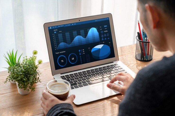 Foto el panel de datos de negocios proporciona análisis de inteligencia de negocios modernos para la planificación de estrategias de marketing