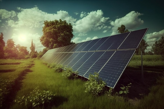 Panel de energía solar fotovoltaica en el campo verde limpio Concepto de energía alternativa Ai generativo