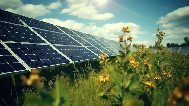 Panel de energía solar con hermoso campo verde y sol.