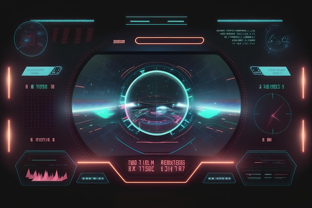 Panel HUD de nave espacial futurista con objetivo en el tablero del juego de pantalla de radar y controles de interfaz de usuario IA generativa