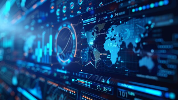 Panel de instrumentos digital con pantalla de cabeza hologramas azules de diagramas circulares gráficos estadísticos