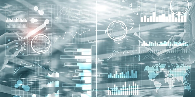 Panel de inteligencia empresarial con indicadores clave de rendimiento en una interfaz de computadora de pantalla virtual