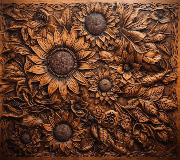 Un panel de madera con girasoles y un diseño floral.