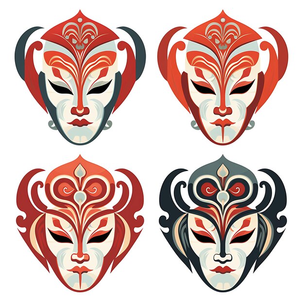 Panel de máscaras de ópera china con marco lacado rojo vibrante y dibujo de papel tapiz de marco plano 2D