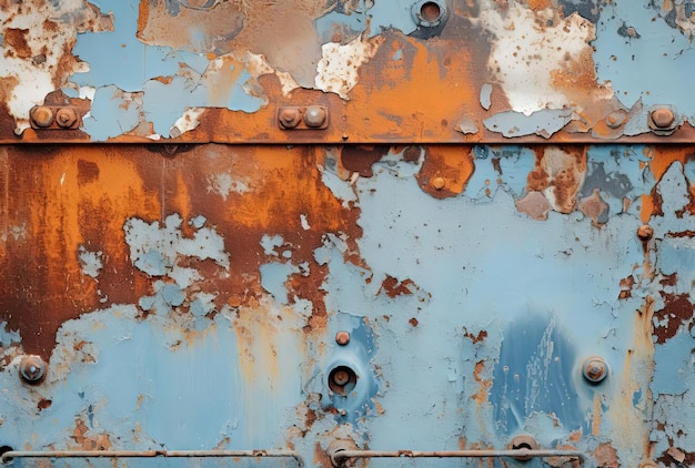 un panel de metal azul oxidado con óxido en él y un fondo azul