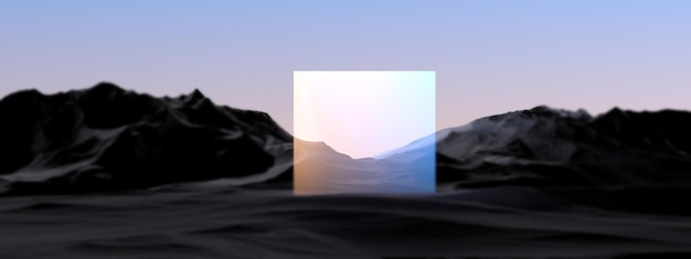 Panel de pantalla de neón que brilla intensamente entre las montañas en representación 3D de paisaje abstracto futurista borroso