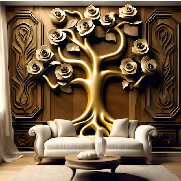 Panel de pared de madera árbol flor dorado