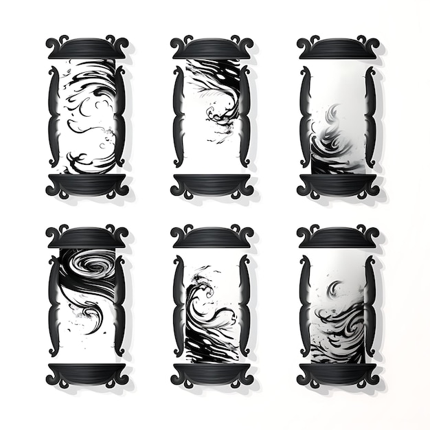 Panel de pergaminos de caligrafía con marco de brocado de seda en blanco y negro 2D marco plano arte de papel tapiz