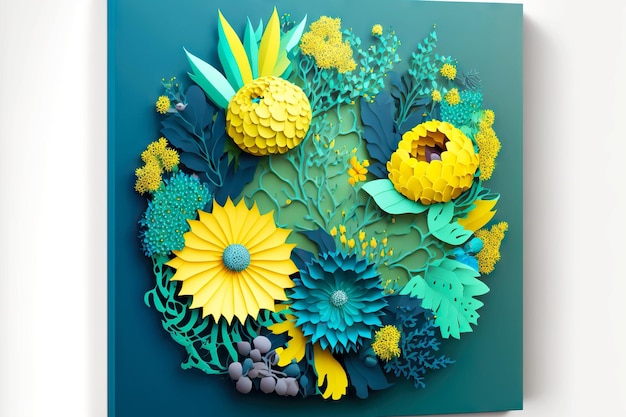 Panel con ramo de verano brillante de flores de papel de renderizado 3d amarillo y verde azul ai generativo