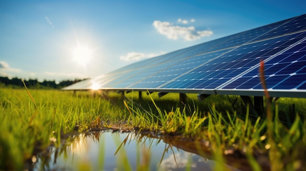 Panel solar de alta calidad con reflejo del sol caliente en el campo con agua y hierba