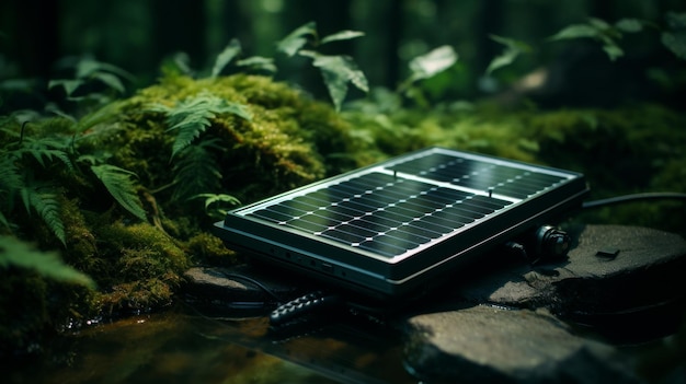 Panel solar apoyado en una roca en el bosque