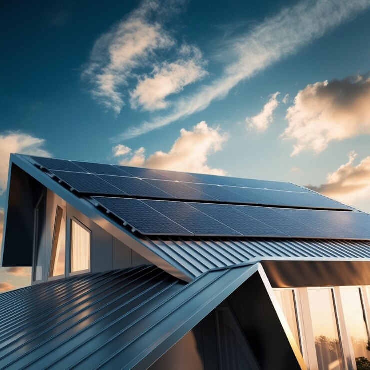 un panel solar en una casa con un fondo de cielo