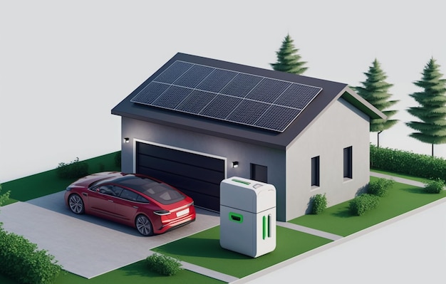 Un panel solar está en el techo de una casa y un auto rojo está estacionado frente a él.