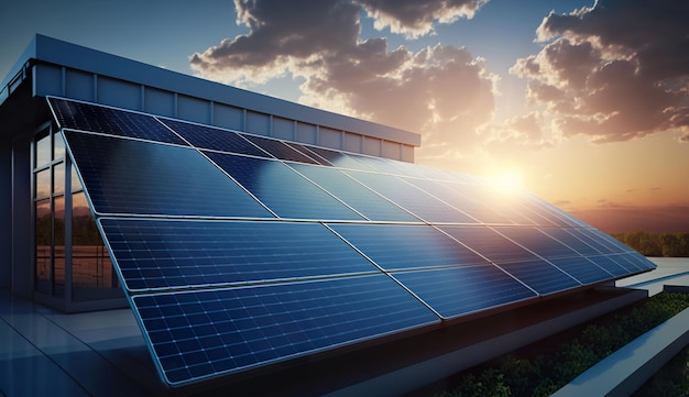 Un panel solar está en el techo de un edificio con la puesta de sol detrás de él.