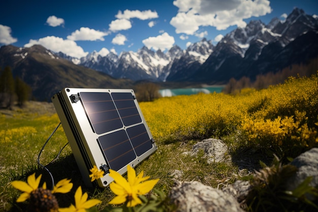 Panel solar y flores en un prado con montañas al fondo