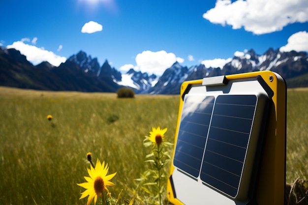 Panel solar y flores en un prado con montañas al fondo