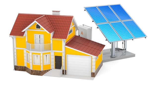 Panel solar con representación 3D de la casa