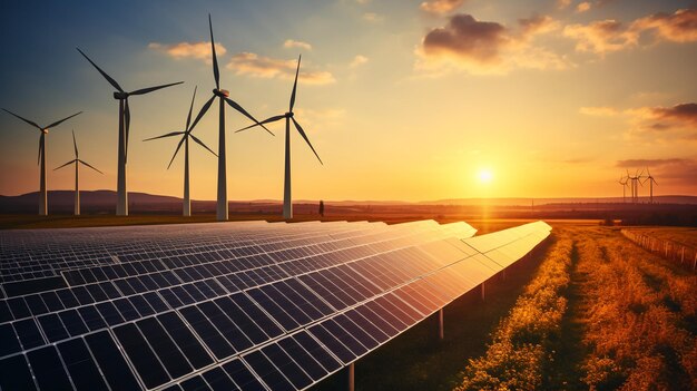 Foto panel solar con turbina y puesta de sol fondo del cielo azul concepto de energía limpia