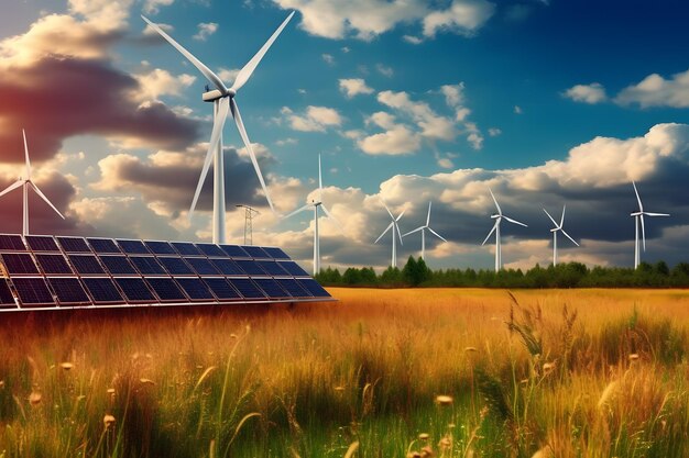 Un panel solar y turbinas eólicas en un campo.