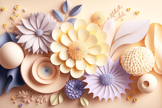 Panel von 3D-Rendering Papierblumen mit schönem Dekor in Pastellfarben generative ai