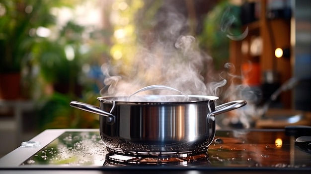 panela de cozinha com vapor quente no fogão na cozinha IA geradora