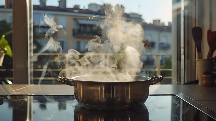 Foto panela de cozinha de indução de cozinha moderna de design de interiores luz da manhã